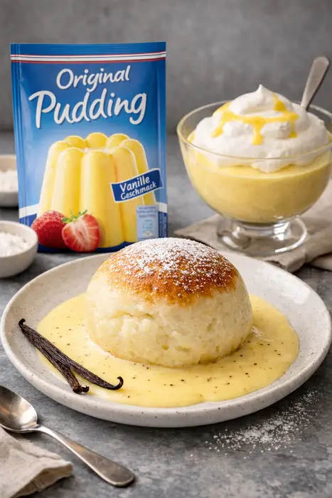 Eine Dampfnudel mit Vanillesauce auf einem Teller, dahinter ein Glas mit Vanillepudding und eine Packung Vanillepudding- Pulver
